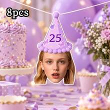 8/16/24pc Custom Photo Face Banner, 25th Birthday Purple Butterfly Party Hat Photo Bunting, Personalized Face Cutout Birthday Banner, Birthday Party Decorations, Custom Age Banner - Multicolor - View 11