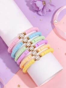 6pcs/Set Gelang Persahabatan Elastis Manik-manik Tanah Liat Lembut Warna Permen Lucu untuk Anak Perempuan, Liontin Wajah Tersenyum, Hadiah Pesta Sehari-hari - MultiWarna - View 2