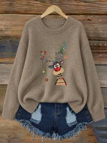 Plus Size Women Ghost Reading Bookshelf Pattern Casual Pullover Sweater - Earth Gray - View 11
