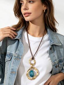 1pc Bohemian Vacation Style Asymmetrical Alloy Rhinestone Pendant Woven Wax Rope With Round Beads Necklace, Long Necklace For Festival Gift Atmosphere, Halloween Party Gathering Daily Accessory, Gift For Classmate, Female, Elder - Wax Rope - View 7