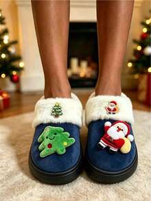 Women's Cute Christmas Atmosphere Thermal Slippers, Non-Slip Warm Comfortable Soft Sole With Thermal Lining, Couple Matching Style, Home Thermal Slippers, Autumn/Winter Essential - Dark Blue - View 4