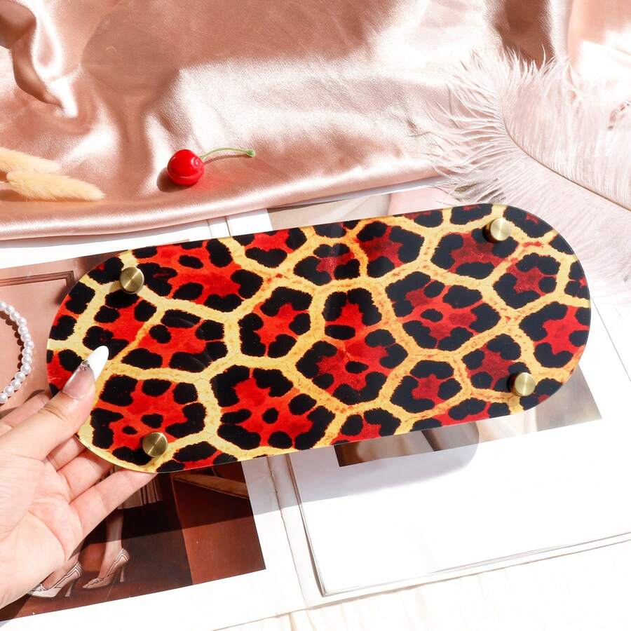 1pc Red Black Gold Leopard Print High Foot Tray, Vintage Style Desktop Aromatherapy Jewelry Lipstick Decorative Storage Tray, Luxury Desktop Jewelry Storage Display Tray
