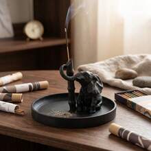 Black Sitting Elephant With Curved Trunk Incense Holder, Paired With Round Ash Tray, Zen Style, Tea Room Study Desk Incense Decoration Ornament - Multicolor - View 7