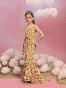 ALISA&LEO Shiny Sequin Decorated Mermaid Evening Gown, Suitable For Teenage Girls, Square Neck Sleeveless Formal Party Long Dress - Champagne - View 4