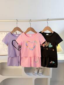 3pcs Baby Girl Cute Heart & Letter Print Short Sleeve Top And Matching Heart Print Shorts Set, Versatile For Commuting, School, Daily, Vacation, Outdoor - Black - View 2