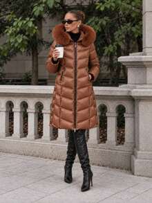 Women's Longline Quilted Puffer Coat With Faux Fur Trim Hood, Zip Front & Side Pockets - Mocha Brown - View 2