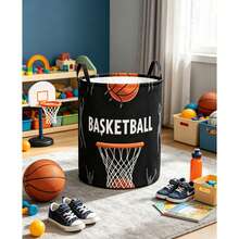 1PC Collapsible Basketball Themed Laundry Basket, Stylish Basketball Print Storage Hamper, Multifunctional Organizer For Dirty Clothes, Toys And Sundries, Perfect Home Decor And Bedroom Decor - Black - View 5