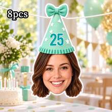 8/16/24pc Custom Face Photo & Text Birthday Banner, Personalized Portrait Cutout Bunting Garland With Number Party Hat, Milestone Birthday Party Decor,Photograph Backdrop - Multicolor - View 17
