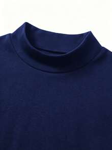 Men's Summer Casual Fashion Versatile Minimalist Solid Color Mock Neck Short Sleeve T-Shirt - Navy Blue - View 3