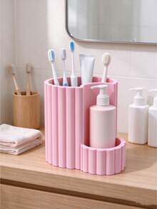 Vertical Striped Dual-Compartment Bathroom Storage Box, Divided Toothpaste And Toothbrush Holder, Makeup Brush Organizer, Desktop Decorative Storage Rack, Suitable For Bedroom Vanity And Office Desk, Store Stationery And Cosmetics, Back To School Supplies, Desktop Decorative Ornament, Holiday Gift - Multicolor - View 6