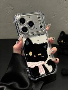 Compatible With Iphone: Transparent Card Slot Phone Case, Black Cat With Pink Scarf Pattern, Shockproof Wallet-Style Protective Case With Air Cushion Corners, Polka Dot "Be Happy" Card Slot Pocket And Raised Lens Protection. Compatible With IPhone 18 Pro Max/18 Pro/17 Pro Max/17 Pro/17 Air/17/16 Pro Max/16/15 Pro Max/15/14/13/12/11 - Transparent 4 - View 3