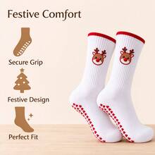 1/3pairs Christmas Non-Slip Cotton Socks, Santa Reindeer Christmas Tree Embroidered Socks For Home, Yoga, Gift - Red - View 1