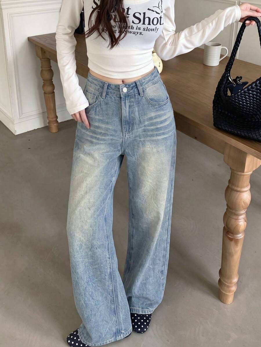 Relaxed Straight Leg Vintage Washed Loose Fit Casual Jeans For Women, Autumn - Blue - View 1