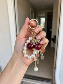 Cross-Border Cute Red Cherry Pearl Keychain Elegant Faux Pearl Tassel Key Ring Sweet Fruit Pendant Bag Charm Car Key Accessory For Women - Multicolor - View 6
