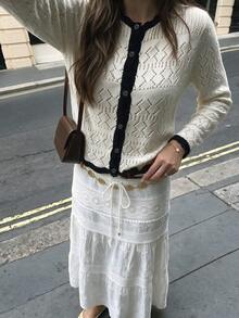 Women's Autumn Winter Contrast Black Trim Hollow Knit Cardigan, Long Sleeve Button Argyle Sweater, Ruffle Hem For Date, Casual & Street Style Outfits - White - View 7