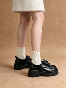 2026 Elegant Thick Sole Loafers With Plaid Bow Decor, Thick Platform Sole Slip-On, Minimalist Commute Daily Comfortable Style - Black - View 2