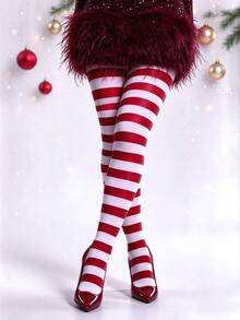 1 Pair White & Red Horizontal Striped Tights, Elastic Full Foot Pantyhose, Punk Style Party Outfit - Multicolor - View 4