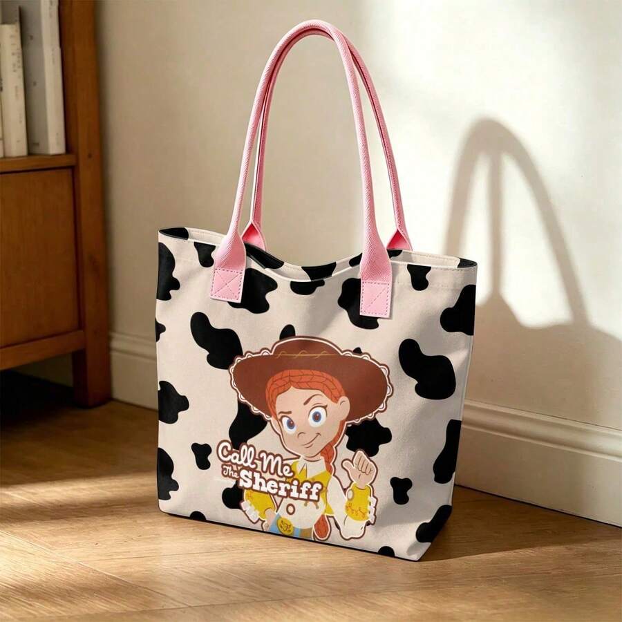 Miniso Disney Toy Story Jessie Call Me The Sheriff Canvas Tote Bag, Cow Print Shoulder Bag With Handles For Daily Use - Pink - View 1