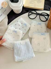 5pcs/Set Japanese Style Cute Blue Plaid & Floral Cotton Thin Women's Triangle Panties - Multicolor - View 2