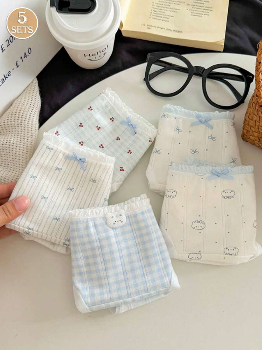 5pcs/Set Japanese Style Cute Blue Plaid & Floral Cotton Thin Women's Triangle Panties