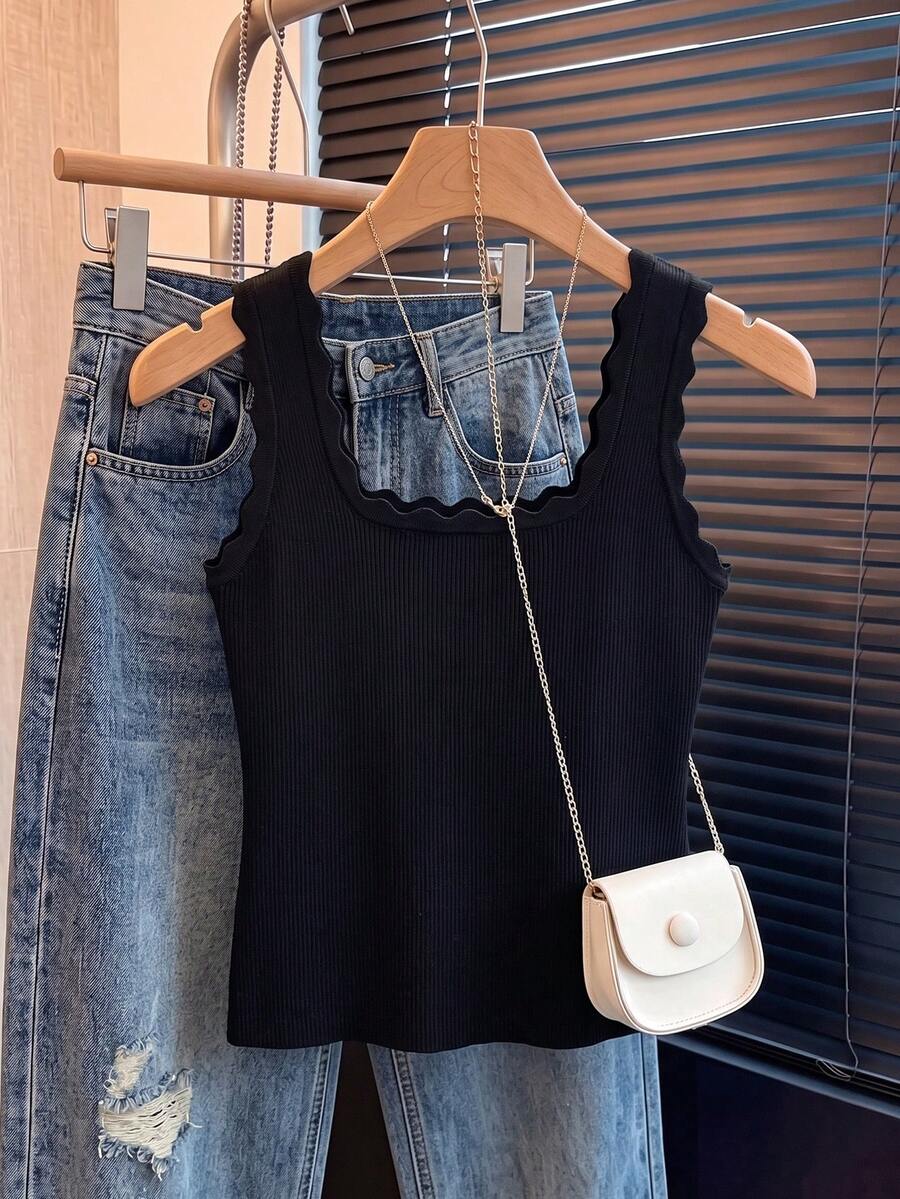 Women's Solid Ribbed Tank Top Square Neck Sleeveless Slim Fit Top - Black - View 1