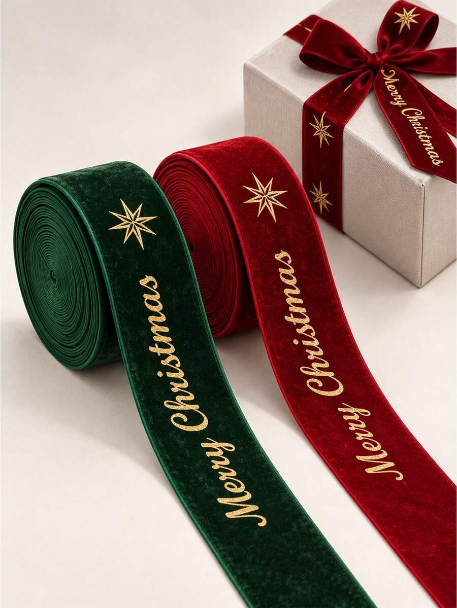 2pcs/2m Gold Merry Christmas Printed Ribbon, Luxury Metallic Fabric Satin Ribbon, Suitable For Gift Wrapping, Christmas Tree Decoration And DIY Bows, Holiday Craft Decoration Ribbon, Christmas Tree Decoration Ribbon, Gift Decoration Satin Ribbon, Christmas Wrapping Accessories - Christmas - View 1