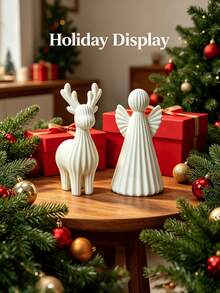 2pcs Christmas Figurine Set, Mini Textured Reindeer And White Ruched Figurine Decor, Farmhouse Style Holiday Tabletop Decoration, Suitable For Shelves And Mantels, Winter Home Tabletop Decor, Holiday Gift - A - View 5