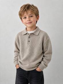 1 buah Sweater Polo Rajut Campuran Oatmeal untuk Anak Laki-laki, Gaya Jepang Lembut Netral Unisex, Atasan Lapisan Dalam Seragam Sekolah Musim Semi dan Gugur - Coklat - View 3