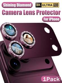 1Pack Compatible With Iphone 18 Pro/18 Pro Max Camera Lens Protector, Not Easy To Break Ultra Bright Round Gold Diamond Bling Tempered Glass Metal Frame Camera Cover - Burgundy - Burgundy - View 1