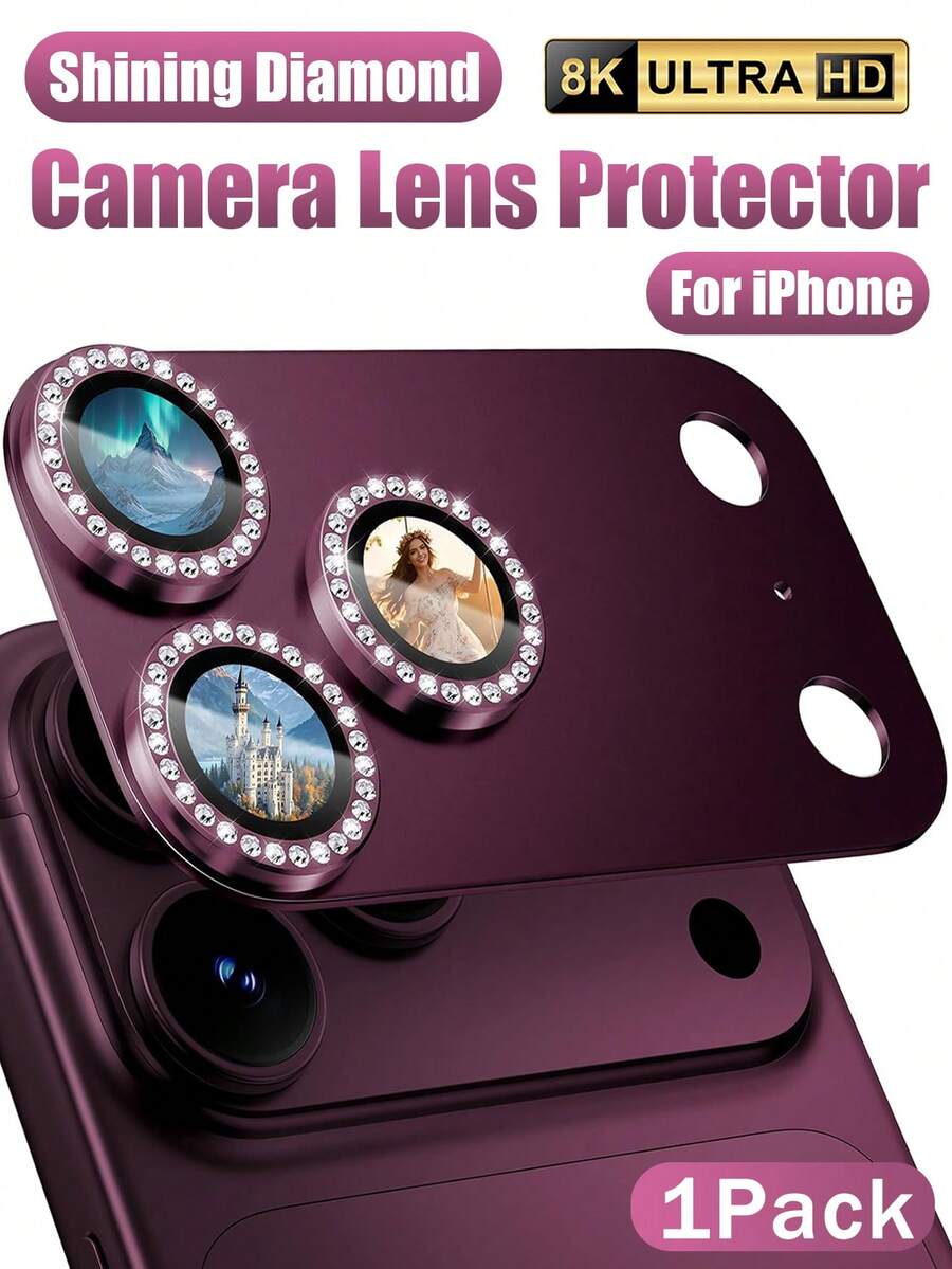 1Pack Compatible With Iphone 18 Pro/18 Pro Max Camera Lens Protector, Not Easy To Break Ultra Bright Round Gold Diamond Bling Tempered Glass Metal Frame Camera Cover - Burgundy - Burgundy - View 1