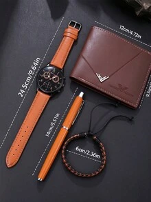 Bộ 4 món quà tặng nam dịp lễ gồm đồng hồ thạch anh thời trang casual, bút ký, vòng tay và ví - màu nâu - Xem 4