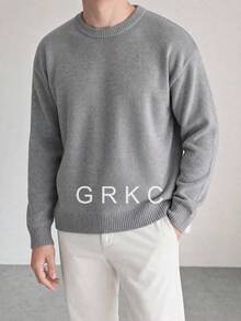 GRKC كنزة صوفية رجالية بأكمام طويلة وياقة دائرية، ملابس علوية محبوكة بسيطة ذات نسيج بلون موحد للارتداء اليومي، خريف/شتاء - رمادي - مشاهدة 1