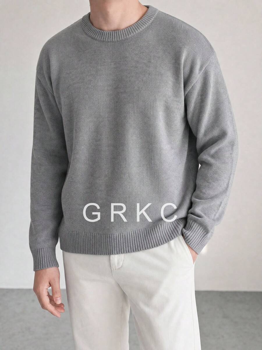 GRKC كنزة صوفية رجالية بأكمام طويلة وياقة دائرية، ملابس علوية محبوكة بسيطة ذات نسيج بلون موحد للارتداء اليومي، خريف/شتاء - رمادي - مشاهدة 1