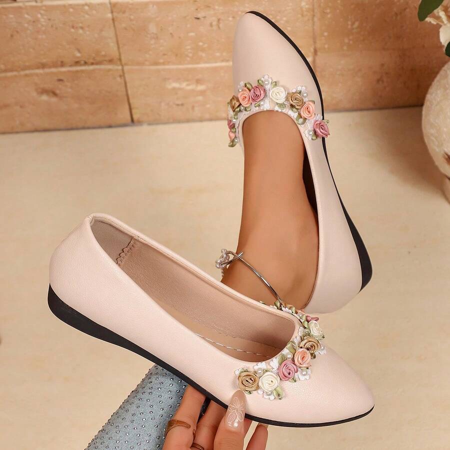 Women's Pointed Toe Soft PU Flat Shoes, Peony Flower Decor Wedding Shoes - Apricot - View 1