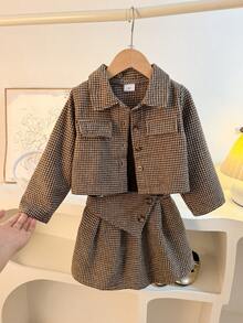 3pcs Young Girl's Preppy Plaid Blazer, Camisole Top And Plaid Mini Skirt Set, Fashionable For School And Outdoor Wear, Autumn/Spring - Khaki - View 2