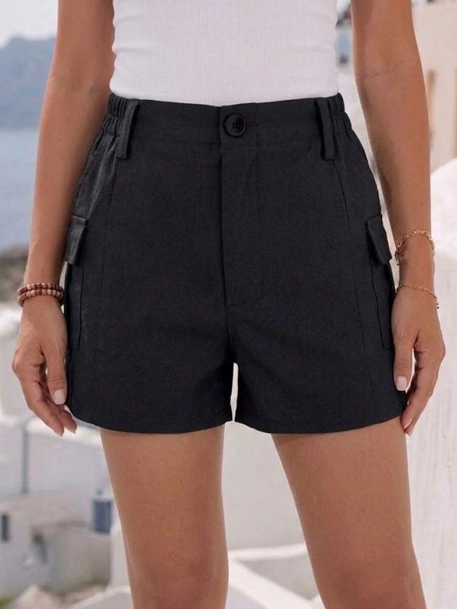 Shorts casuales de unicolor con botón frontal y bolsillo, estilo Y2K simple - Gris Oscuro - Ver 1