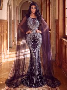 Elegant Scoop Neck Sequin Gown , Ruched Waist And Mermaid Silhouette For Studio Photo Shoots, Formal Dinners, Bridal Portraits, Gala Events - Purple - View 5