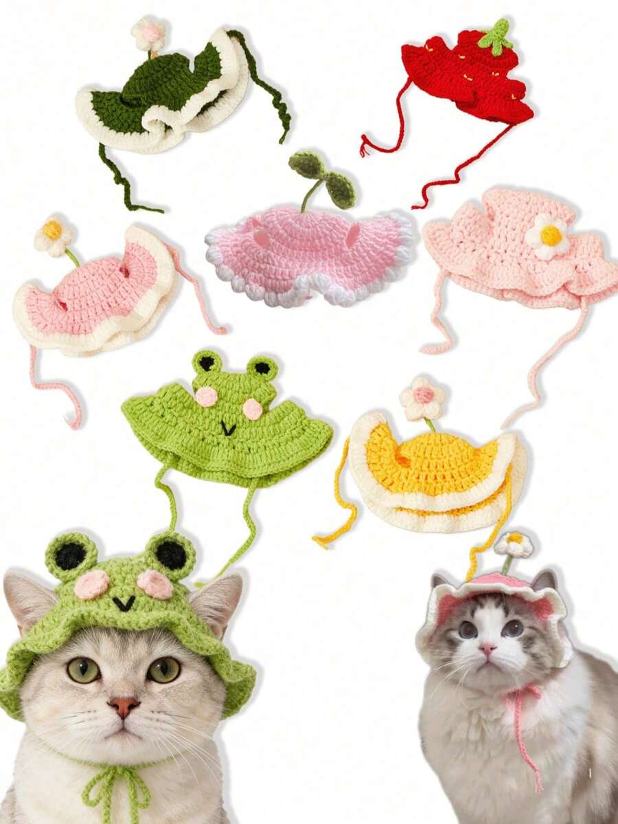 1pc Handmade Knitted Puppy/Kitten/Cute Shaped Pet Hat, Polyester Fiber Material, Suitable For Kitten/Puppy/Small Dog, Cosplay Prop, Fun Party Headpiece, Pet Flower Maid Headpiece - Multicolor - View 1