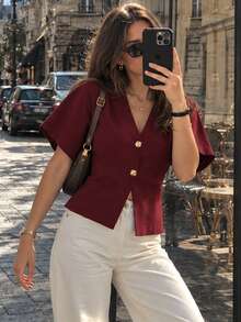 Cardigan de punto minimalista de unicolor con cuello en V y manga corta, elegante para otoño - Burdeos - Ver 6
