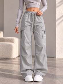 AODSR Women's Lightweight Cargo Pants, Parachute Pants, Elastic Waist With Drawstring Design, Side Flap Pockets, Casual Street Style Long Athletic Pants - Light Grey - View 8