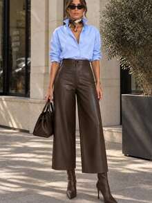 Women's Burgundy Ankle Length High Waist Wide Leg Faux Leather Trousers Pants - Brown - View 1