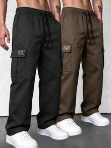 2pcs Men's Multi-Pocket Cargo Pants, Straight Leg, Spring/Autumn, Outdoor Hiking, Sports, Fitness, Running, Commuting - Multicolor - View 1