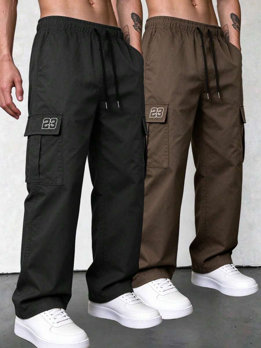 2pcs Men's Multi-Pocket Cargo Pants, Straight Leg, Spring/Autumn, Outdoor Hiking, Sports, Fitness, Running, Commuting - Multicolor - View 1