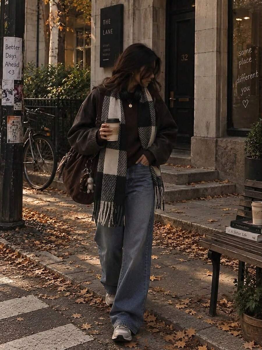 1件女款休閒極簡格紋羊絨流蘇圍巾,復古街頭風百搭時尚披肩,適合春秋冬季,可搭配通勤、旅行與日常穿著,節日禮物 - 黑與白 - 查看 1
