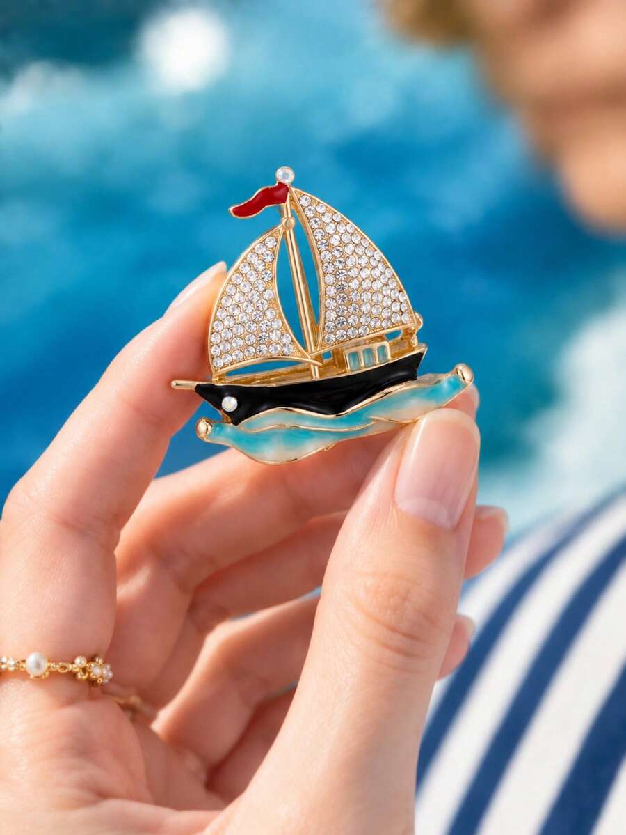 1pc Rhinestone Sailboat Brooch, High-End Suit Jacket Pin, Exquisite ...