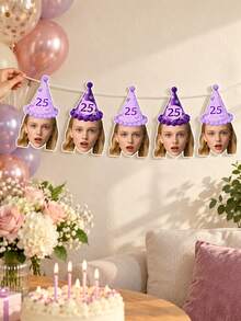8/16/24pc Custom Photo Face Banner, 25th Birthday Purple Butterfly Party Hat Photo Bunting, Personalized Face Cutout Birthday Banner, Birthday Party Decorations, Custom Age Banner - Multicolor - View 3
