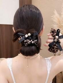 1pc Leopard Print Satin Bow Hair Scrunchie, Women's Elegant Faux Pearl & Rhinestone Decorated Hair Tie - Multicolor - View 2