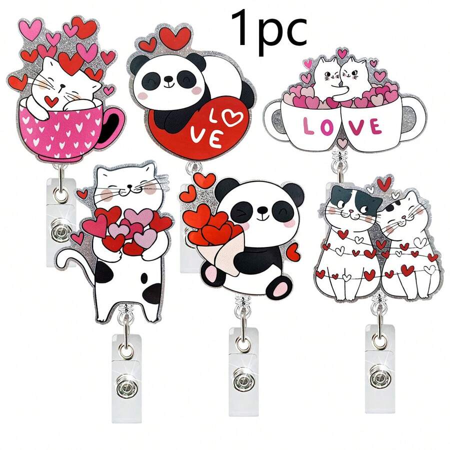 1pc Valentine's Day Acrylic Cute Panda Retractable Badge Reel Gift Rotating Badge Clip - Multicolor - View 1