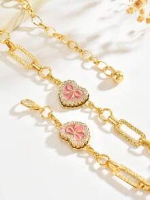 1pc Bohemian Style Pink Enamel Drip Oil Heart Bow Rhinestone Chain Waist Chain, Geometric Hollow Rhombus Personalized Design High-End Luxury Body Chain, Fashion Versatile Daily Party Women's Accessory, Commemorative Gift For Best Friends And Family - Gold - View 5