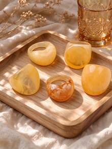 6Pcs/Lot Fashion Elegant Simple Resin Rings For Women Men Geometric Shape Suitable For Daily Parties Autumn Winter Outfits Vacations Gifts Wearing - Brown - View 5